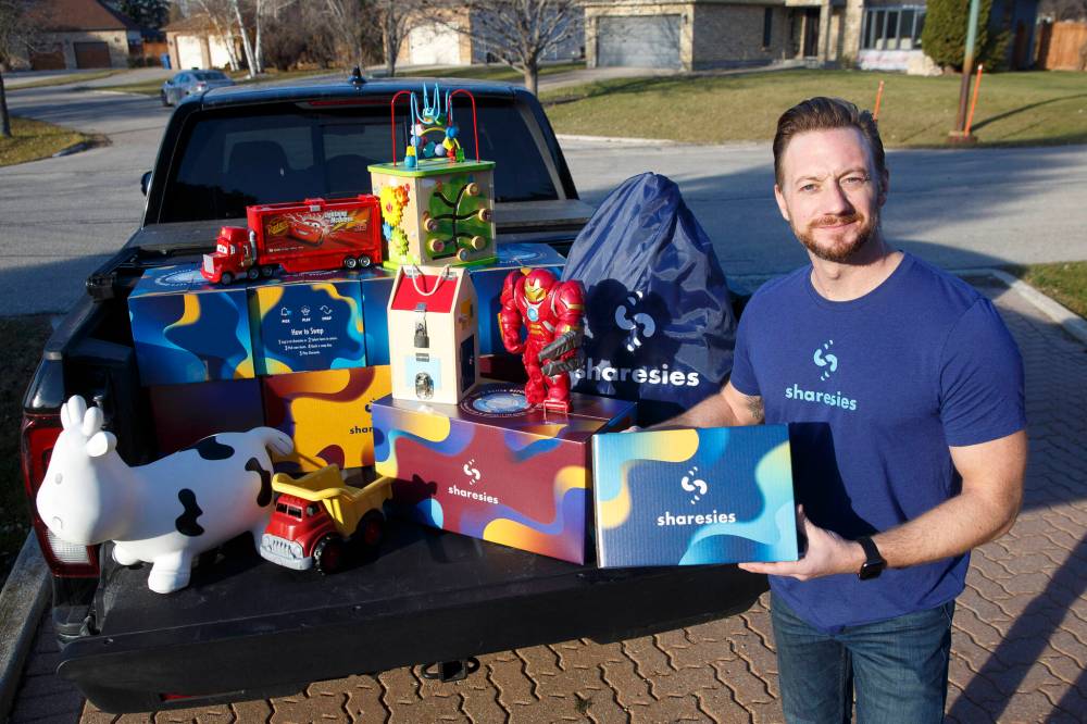 Sharesies members choose up to 10 toys, games and recreational supplies to use during a 90-day cycle and return them when time’s up. Gamey cleans and disinfects the items and delivers them to the next group. (Mike Deal / Winnipeg Free Press)