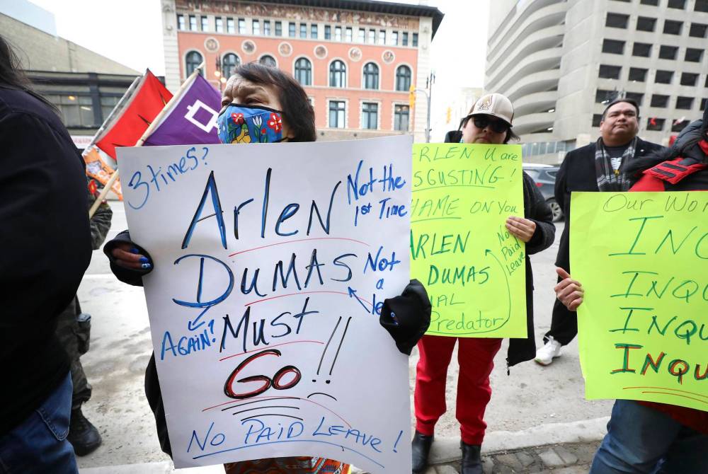 People rallied in March to support women who filed complaints against Dumas. (Ruth Bonneville / Winnipeg Free Press files)