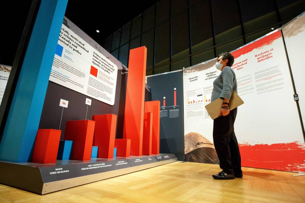 MIKE DEAL / WINNIPEG FREE PRESS
Angeliki Bogiatji, an employee with the CMHR, checks out the exhibit the day before it opens to the public.
