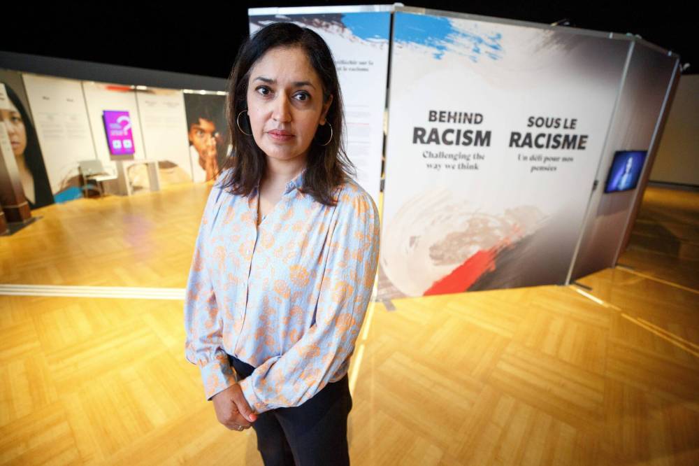 MIKE DEAL / WINNIPEG FREE PRESS
Isha Khan, CEO of the Canadian Museum for Human Rights with the new exhibit, Behind Racism: Challenging the Way We Think. The free exhibit that opens Tuesday.