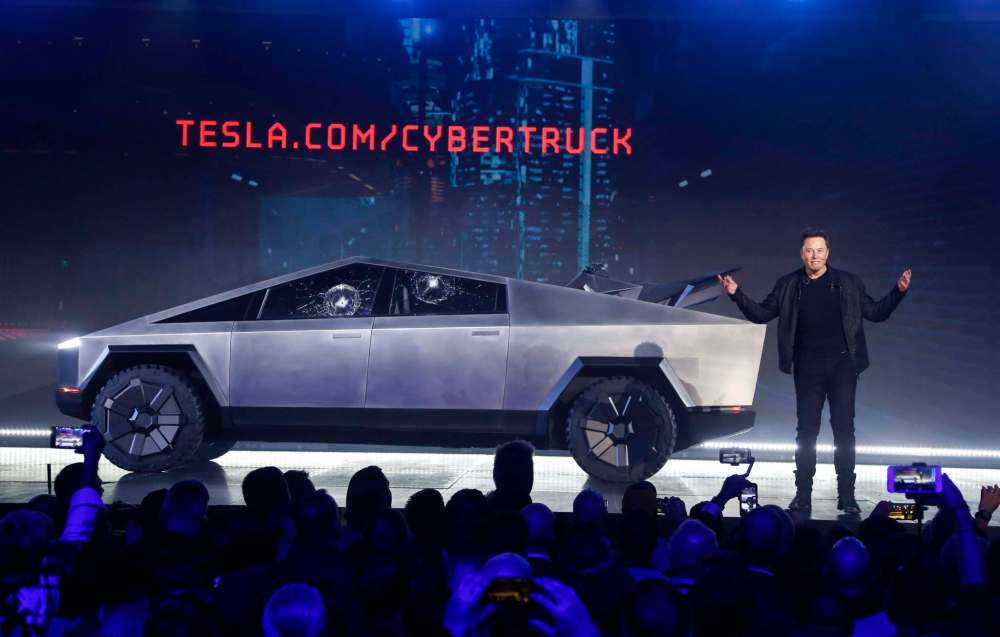 The Cybertruck was supposed to have unbreakable glass, but steel balls were able to crack the windows. (Ringo H.W. Chiu / The Associated Press files)