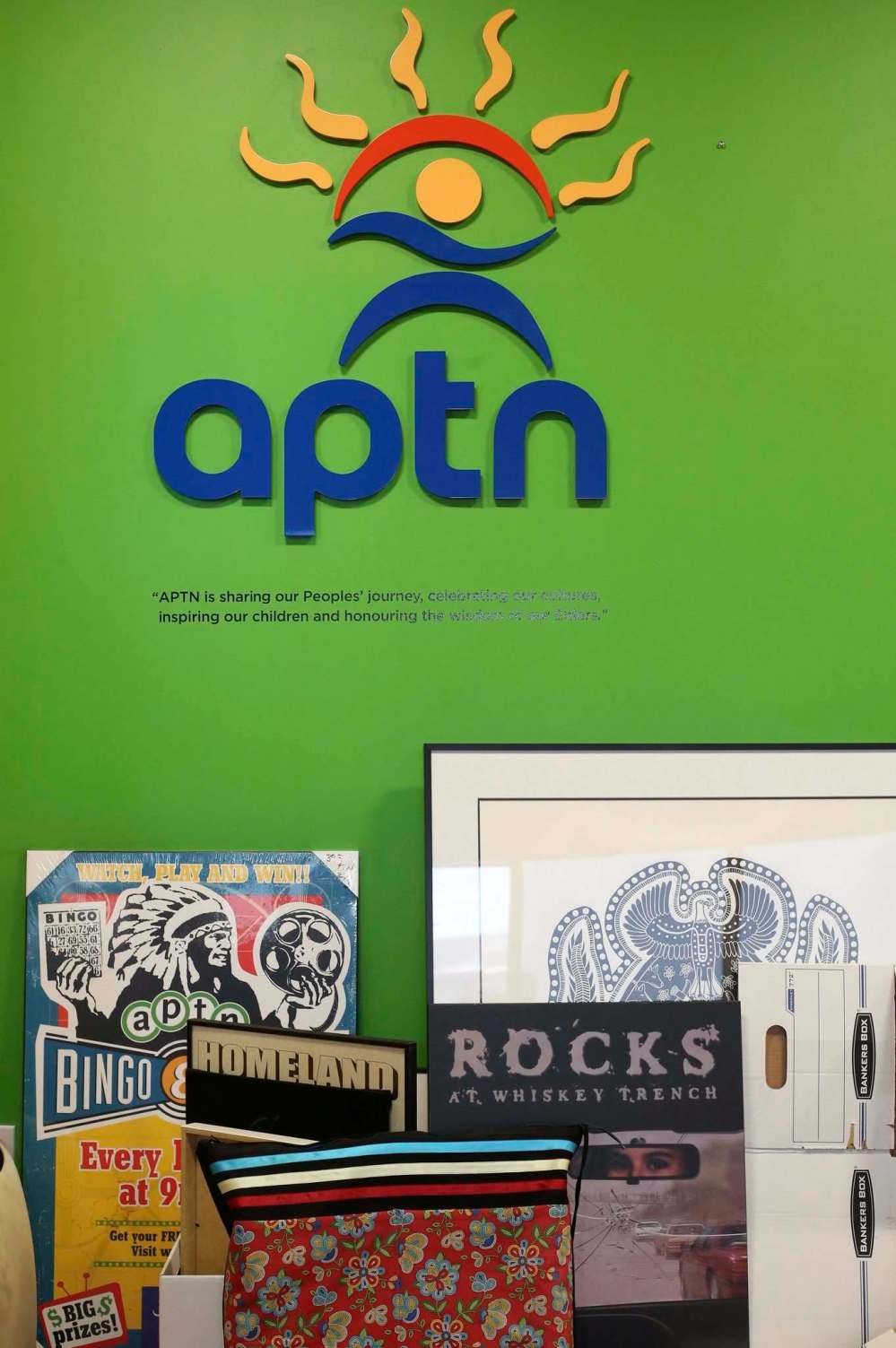 Artwork awaits movers as the Aboriginal Peoples Television Network gets ready to welcome a new CEO to its Winnipeg headquarters. (Shannon Vanraes / Winnipeg Free Press)
