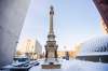 A pillar stands between the Manitoba Museum and Centennial Concert Hall paying tribute to men who died fighting the Louis Riel-led Métis forces at Fish Creek and Batoche, Sask., in 1885. (Mikaela MacKenzie / Winnipeg Free Press)