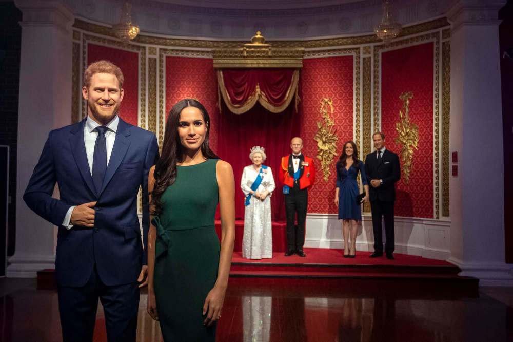 The figures of Harry and Meghan were moved from their original positions next to Queen Elizabeth II, Prince Philip and Prince William and Kate, Duchess of Cambridge, at Madame Tussauds in London last week. (Victoria Jones / PA files)