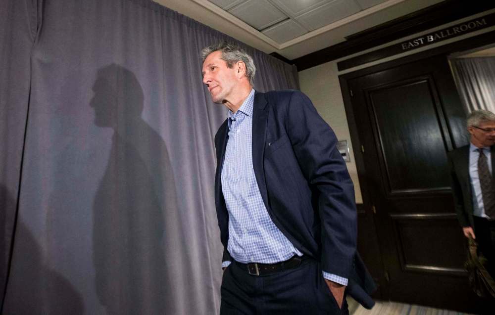 MIKAELA MACKENZIE / WINNIPEG FREE PRESS
Premier Brian Pallister emerges after meeting with Prime Minister Justin Trudeau at the Fairmont Hotel on Monday.