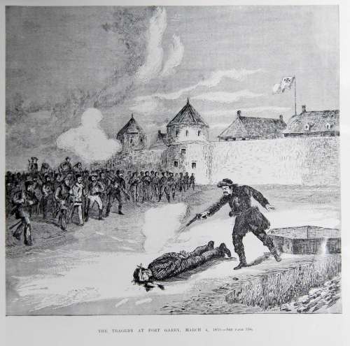 The killing of Thomas Scott outside the walls of Upper Fort Garry, from the &ldquo;Canadian Illustrated News&rdquo;, April 23, 1870. (HBC Archives)