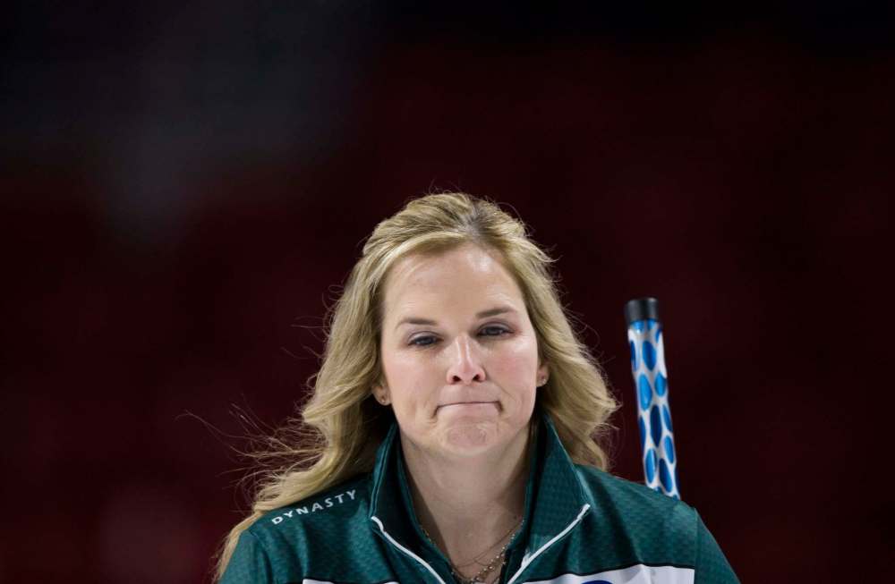 THE CANADIAN PRESS/Jonathan Hayward
Team Wild Card skip, Jennifer Jones reacts to a shot during draw 3 against team Yukon at the Scotties Tournament of Hearts in Moose Jaw, Sunday.
