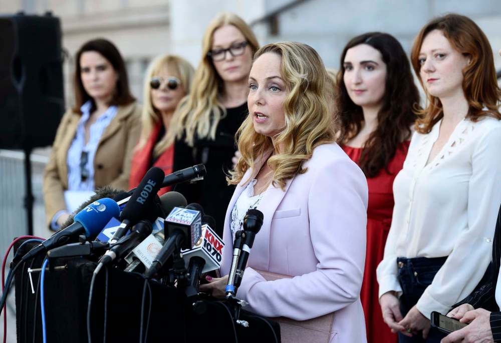 Actor Louisette Geiss leads a news conference today by the