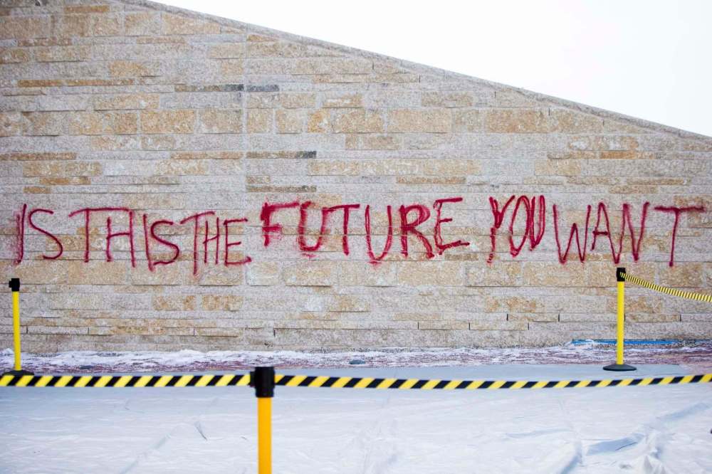 John Young, the Canadian Museum for Human Rights' CEO, said the graffiti was a surprise when walking into work this morning. (Mikaela MacKenzie / Winnipeg Free Press)