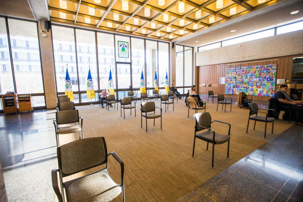 Overflow chairs set out to limit the number of members of the public in the chamber as a social distancing measure during the EPC at City Hall on March 18, 2020. (Mikaela MacKenzie / Winnipeg Free Press)