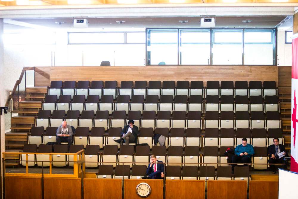 Social distancing measures during the EPC at City Hall on March 18, 2020. (Mikaela MacKenzie / Winnipeg Free Press)