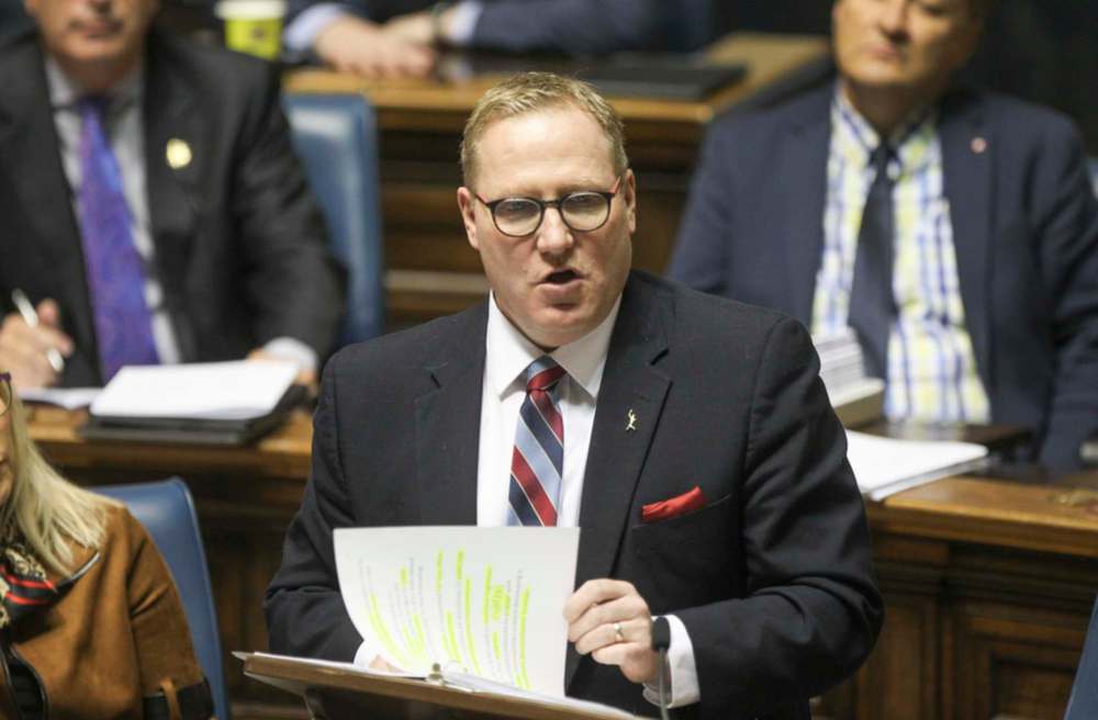 RUTH BONNEVILLE / WINNIPEG FREE PRESS
Manitoba Minister of Finance, Scott Fielding, reads the 2020 budget in the Legislature Thursday.