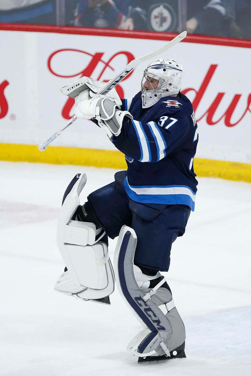 Winnipeg Jets goaltender Connor Hellebuyck (37) celebrates a 3-0 shutout against the Washington Capitals Thursday, February 27. Winnipeg seems as likely as any city to host games in a restarted season. (John Woods / The Canadian Press files)