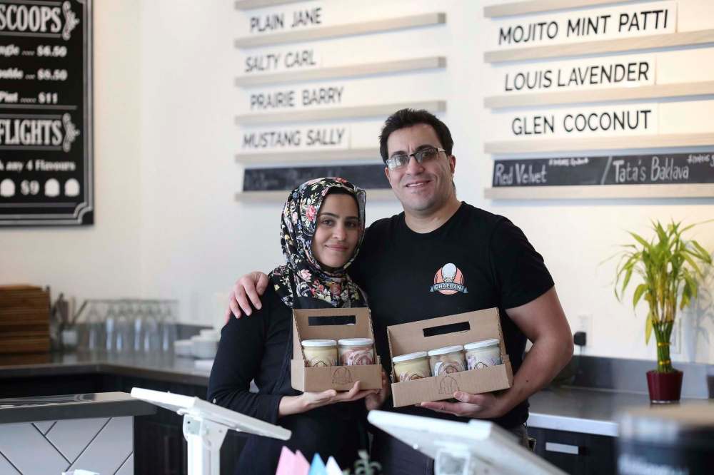SHANNON VANRAES / WINNIPEG FREE PRESS
Joseph Chaeban and his wife Zainab Ali settled on a subscription model in order to better forecast the business’s cash flow and cover expenses. Customers can sign up online and the minimum cost of a subscription is $20 for two pints of ice cream a month with free delivery.