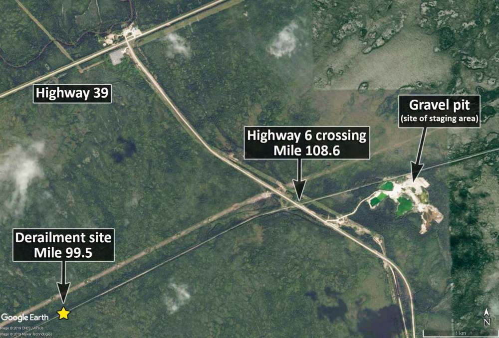 Google Earth / TSB annotations
A closer detail map of the staging area, crossing and derailment site.