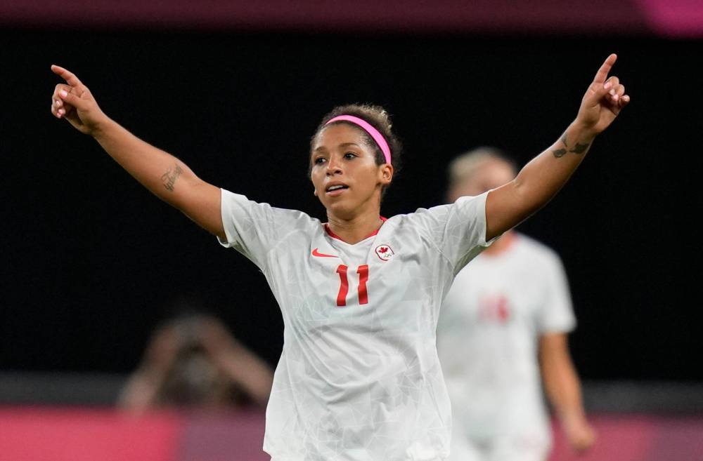 Canada’s Desiree Scott celebrates at the end of a women’s soccer match against Chile at the 2020 Summer Olympics, Saturday, July 24, 2021, in Sapporo, Japan. Canada won 2-1. (AP Photo/Silvia Izquierdo)