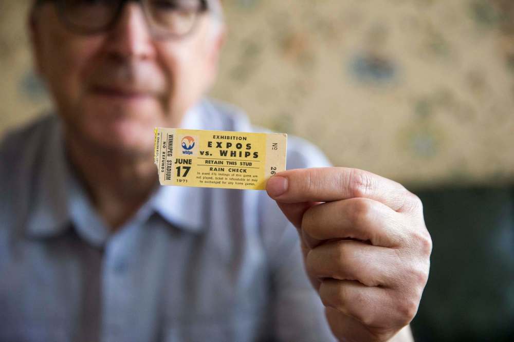MIKAELA MACKENZIE / WINNIPEG FREE PRESS
Solylo holds the ticket stub from a 1971 exhibition game between the Whips and the Montreal Expos.