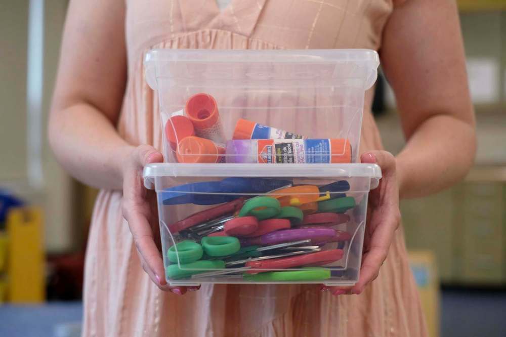 Glue sticks and scissors will have to be handled with extra care when students return to Kristy Frohwerk's kindergarten classroom at Lord Nelson School next fall. (Shannon VanRaes / Winnipeg Free Press)