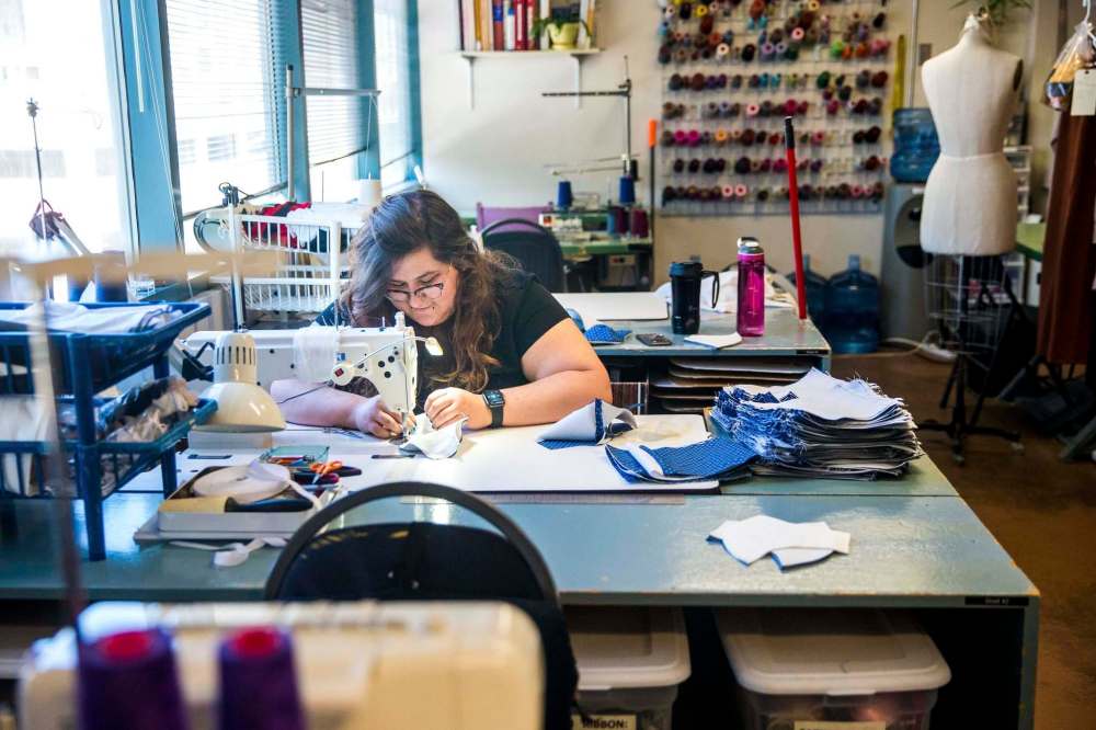 Seamstress Diana Miller makes masks in the RWB wardrobe department. (Mikaela MacKenzie / Winnipeg Free Press)