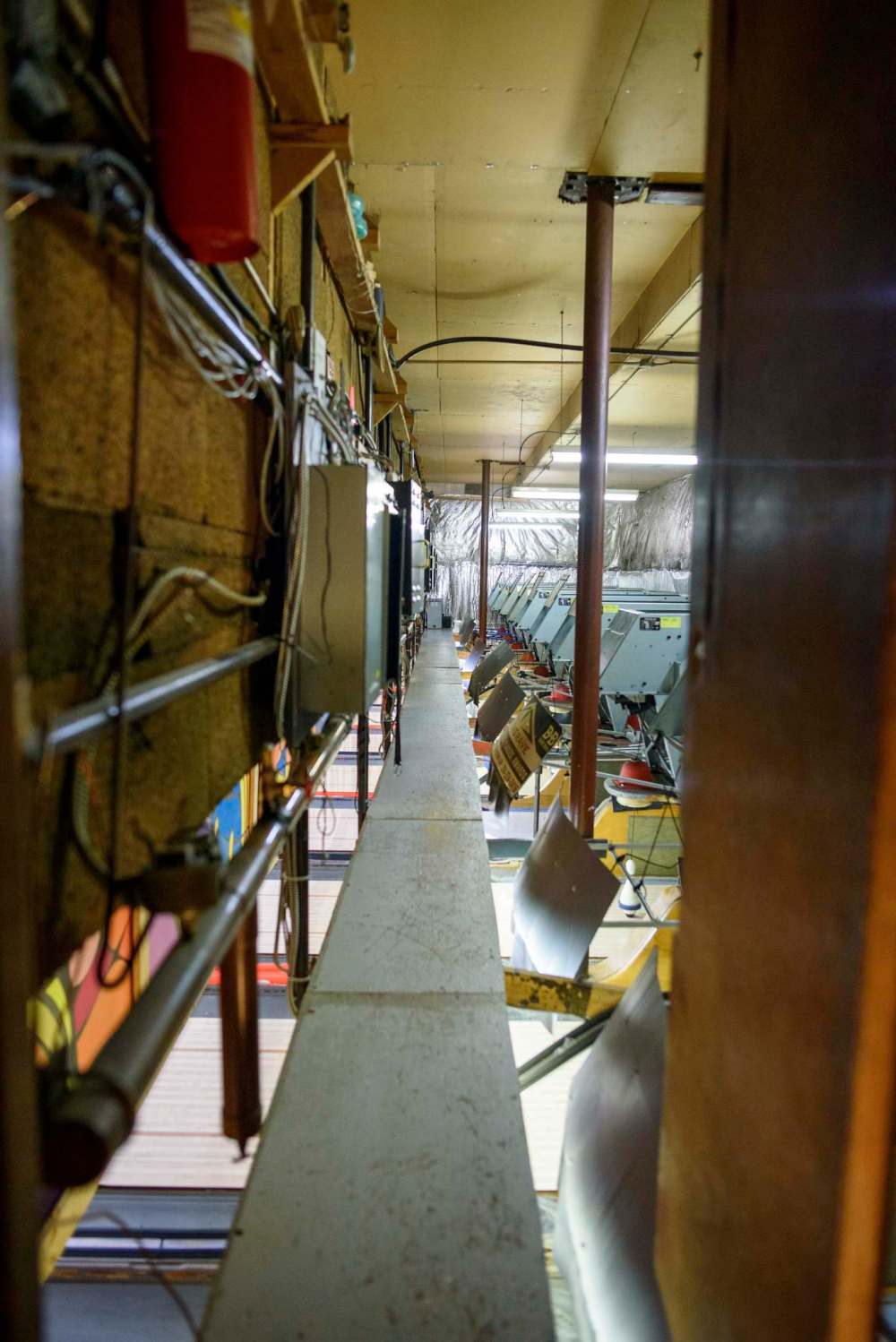 A look behind the lanes: the pin-setting machines at Roxy Lanes. (Jesse Boily / Winnipeg Free Press)