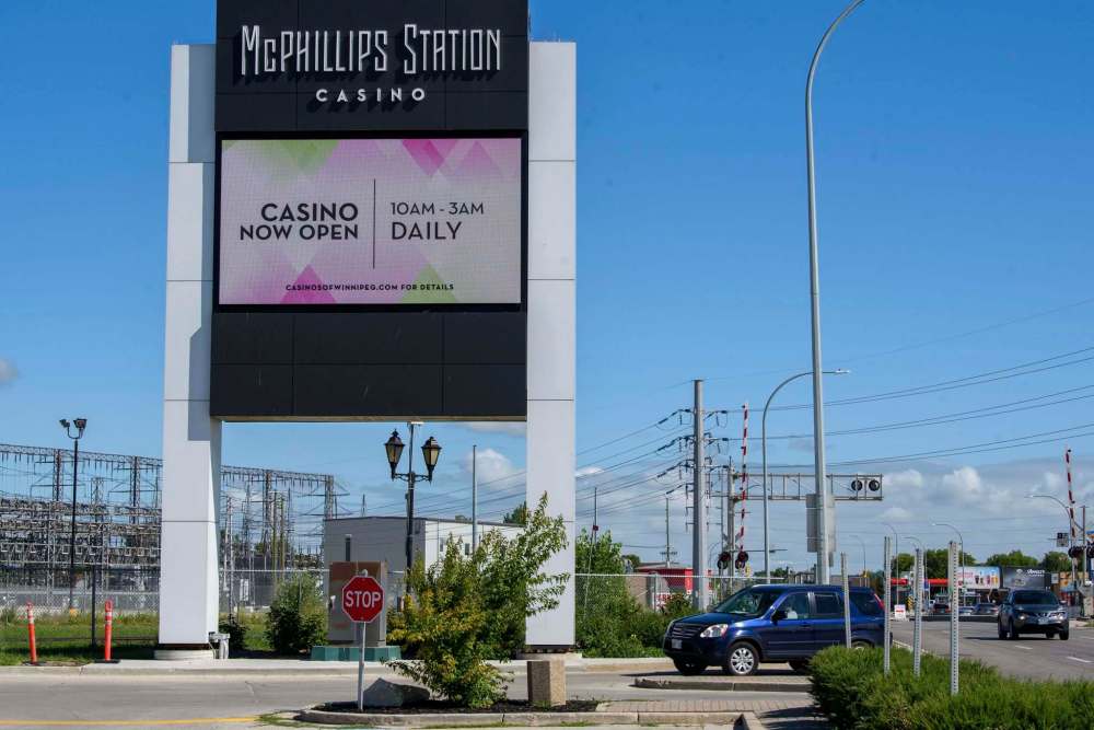 An electronic sign announced the reopening of McPhillips Station Casino. (Jesse Boily / Winnipeg Free Press)