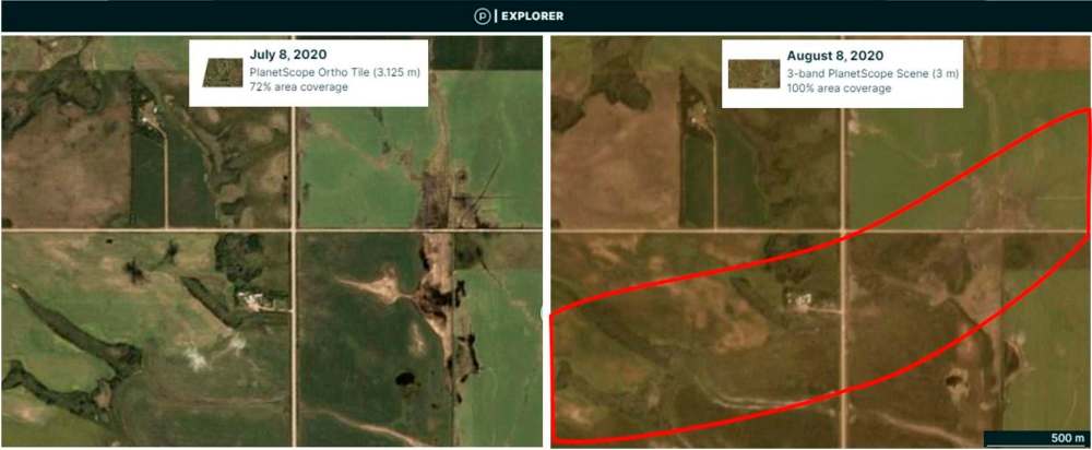 A before and after comparison of satellite images helps researchers assess the storm and its trajectory. (Planet.com, Northern Tornadoes Project)