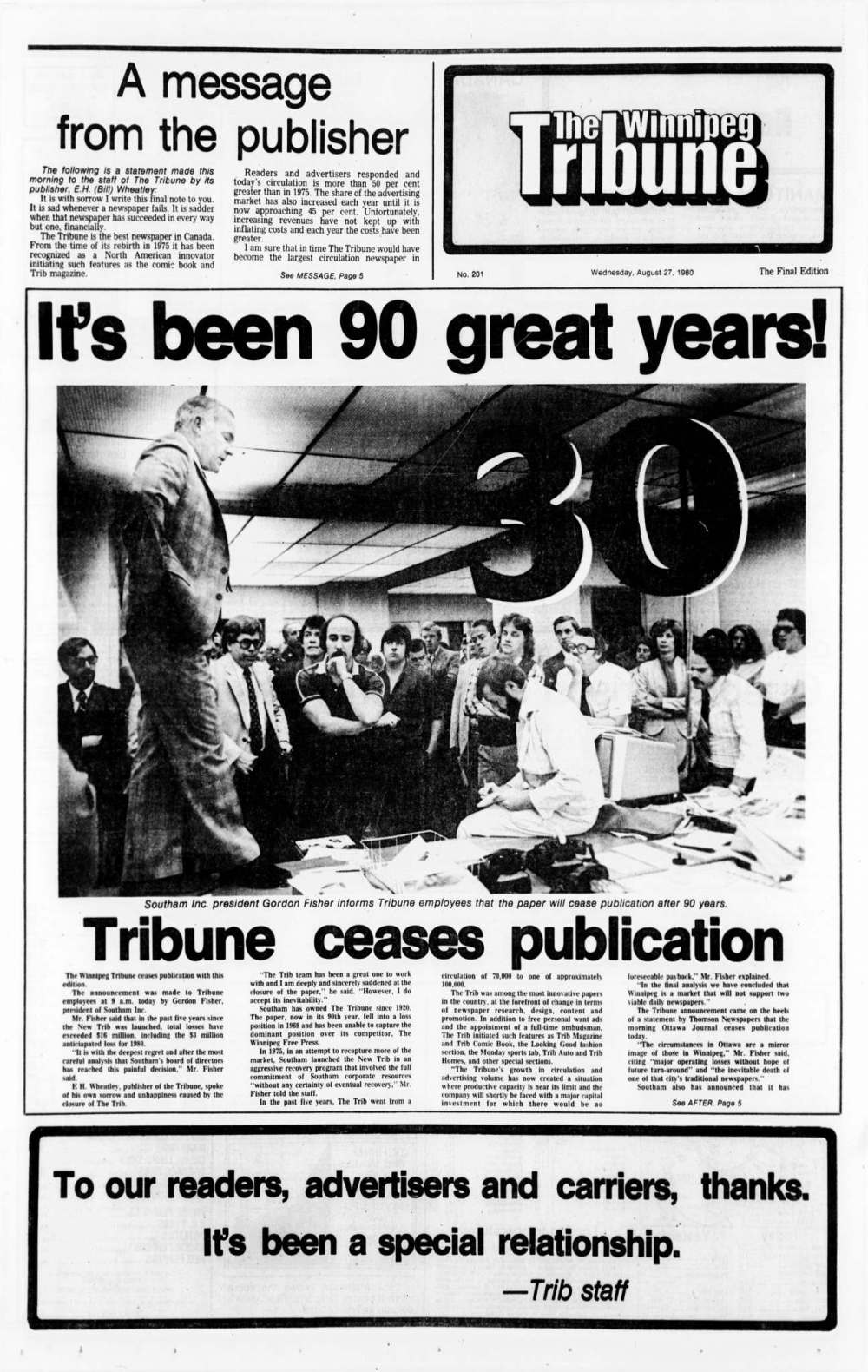 The final edition of the Winnipeg Tribune published on Aug. 27, 1980. (U of M digital collection)