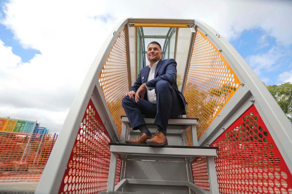 RUTH BONNEVILLE / WINNIPEG FREE PRESS
LOCAL - New Aunt Sally's Farm at the Zoo
A press conference was held at the Zoo announcing the return of beloved exhibit to Assiniboine Park Zoo - New Aunt Sally's Farm, on Tuesday.
Photo of Assiniboine Park Conservancy COO, Bruce Keats, on the goats bridge.
Assiniboine Park Conservancy COO, Bruce Keats (blue suit), spoke to the media before walking through the beginning stages of the construction of the exhibit which includes colourful stair climbers, new barn and a goats bridge, on Tuesday.
See story/
Sept 8th, 2020