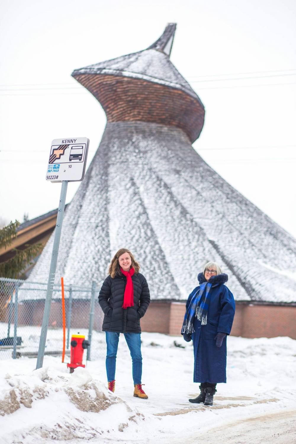 MIKAELA MACKENZIE / WINNIPEG FREE PRESS
Precious Blood Church in St. Boniface is among the landmarks discussed in the Archi10 audio tour designed by audio producer Julie Penner, left, and Susan Algie.