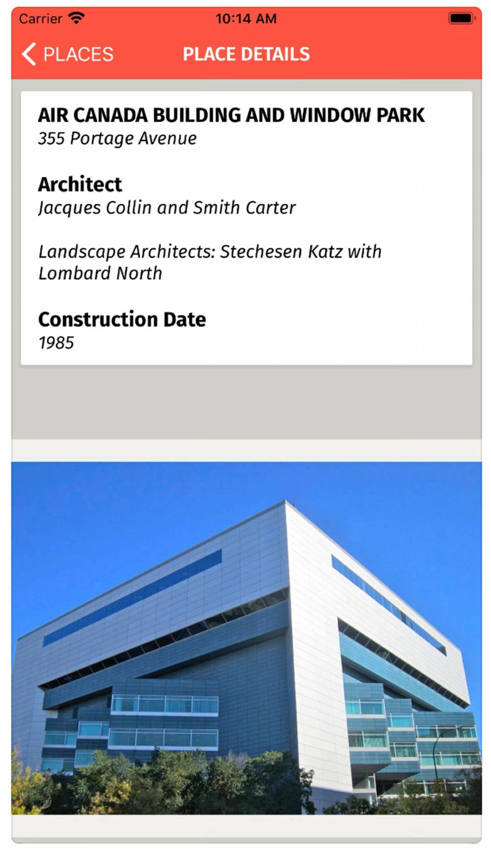 A screenshot from the app of the Air Canada building and park.