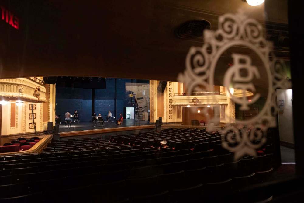 JESSE BOILY / WINNIPEG FREE PRESS The cast of Blink rehearse their audio play at the Burton Cummings Theatre on Tuesday. The show will take place at the West End Cultural Centre to an audience in tents. Tuesday, Sept. 22, 2020. Reporter:
