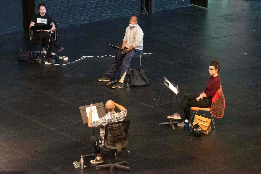 JESSE BOILY / WINNIPEG FREE PRESS
The cast of Blink rehearse their audio play at the Burton Cummings Theatre on Tuesday.