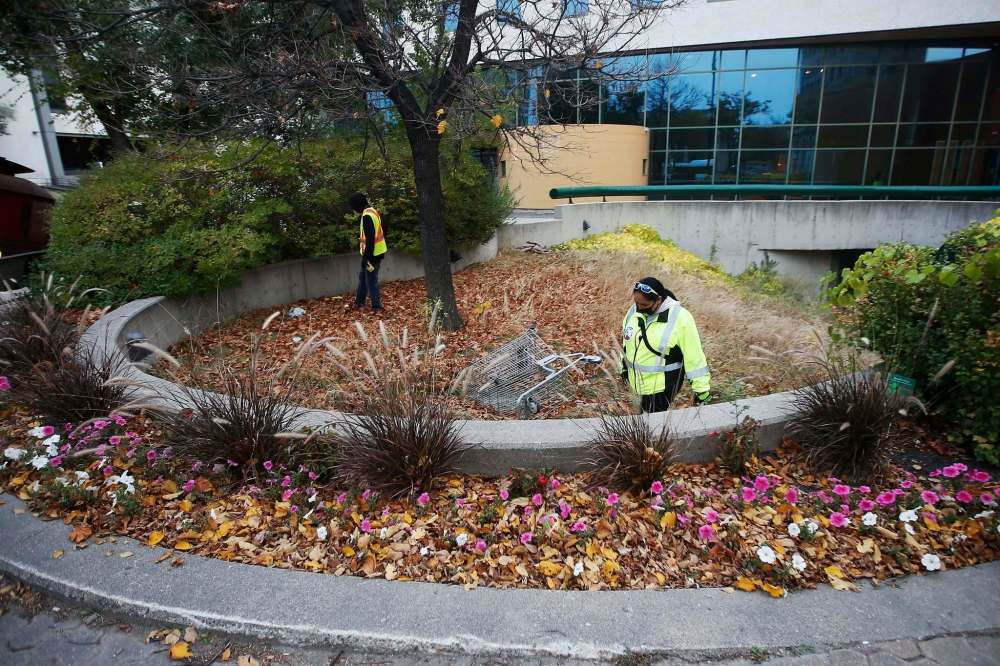 Team members look for discarded needles and dispose of them in sharps containers.