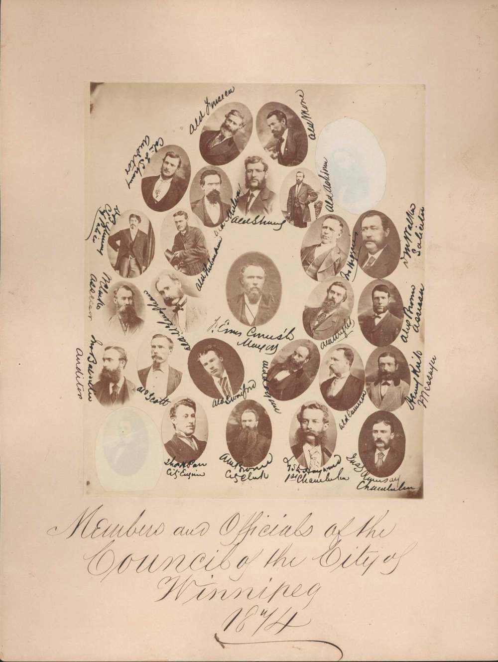 CITY OF WINNIPEG ARCHIVES
Francis Evans Cornish (centre), the first mayor of the City of Winnipeg, with members and officials of the 1874 council. Cornish defeated William F. Luxton 383 votes to 179, despite there only being 382 actual eligible voters, by exploiting a loophole that allowed property owners to vote once for each property owned. He wasn’t mayor long. After becoming a member of the Manitoba legislative assembly in December of that year he lost his civic re-election campaign.
Pictured in addition to Cornish are: aldermen James Ashdown, John Cameron, William Gomez Fonseca, John Higgins, Alexander Logan, James McLenaghan, John More, Robert Mulvey, Thomas Scott, Andrew Strang, Herbert Swinford, William Thibaudeau and Archibald Wright; A.M. Brown, city clerk; Lyster Hayward, chamberlain; James S. Ramsay, chamberlain, Henry (Harry) Kirk, messenger; Alex Brown, assessor; D. M. Walker, solicitor; Colin F. Strang, auditor, D.B. Murray, chief of police, Willoughby Clark, assessor; (unreadable), auditor; Thomas Parr, city engineer.