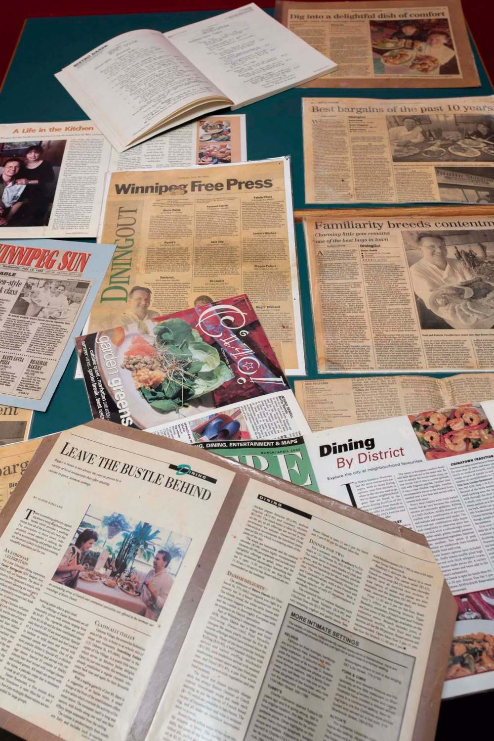 JESSE BOILY / WINNIPEG FREE PRESS
A collection of newspaper clippings Bistro Dansk has collected over the years.