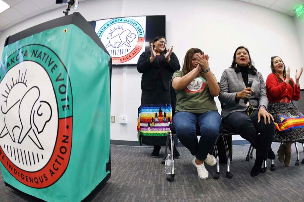Organizers of the North Dakota Native Vote in Bismarck, N.D. in February made an effort to reach more Native American voters. (Mike McCleary/The Bismarck Tribune via AP)
