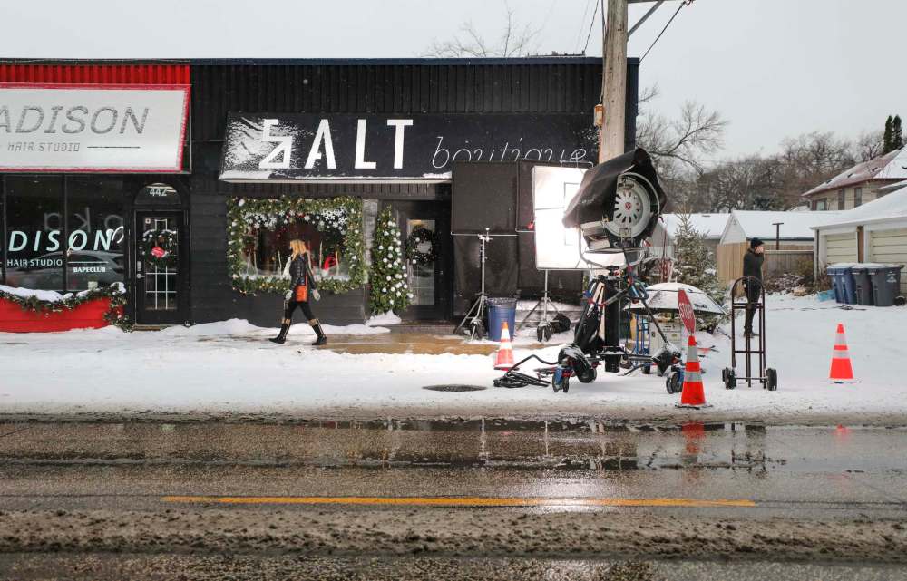 Equipment is set up outside Salt Boutique on Academy Road for filming Project Christmas Wish in October. (Ruth Bonneville / Winnipeg Free Press files)