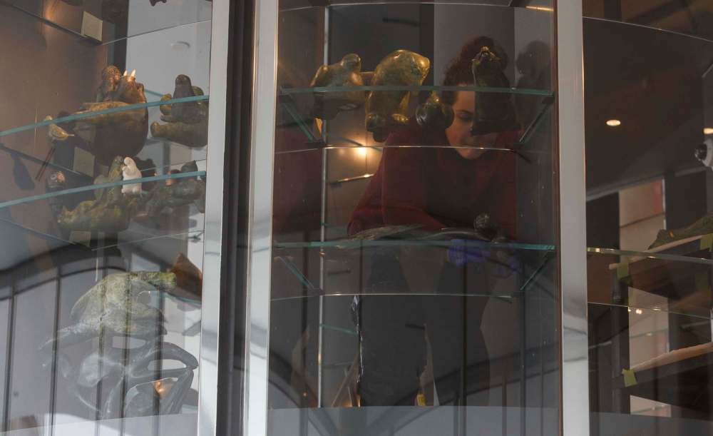 MIKE DEAL / WINNIPEG FREE PRESS
Nicole Fletcher, the WAG’s collections co-ordinator, installs artwork in the vault, which will open in late February 2021.