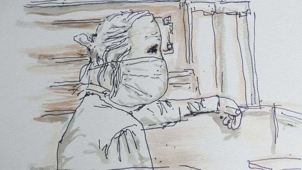 A courtoom sketch of Peter Nygard who looked like an ordinary, dishevelled, grey-haired 79-year-old man when he appeared in court Tuesday. (James Culleton / The Canadian Press)