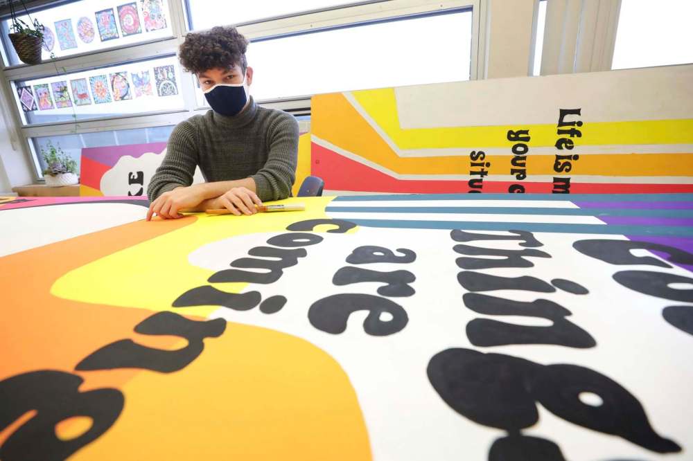 photos by RUTH BONNEVILLE / WINNIPEG FREE PRESS
Maples Collegiate student Brody McQueen has worked on various wall panels intended to spread hopeful, uplifting messages that aren’t ‘toxic positivity.’