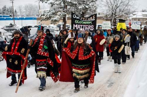 Wet'suwet'en Hereditary Chiefs from left, Rob Alfred, John Ridsdale, centre and Antoinette Austin, who oppose the Costal Gaslink pipeline take part in a rally in Smithers B.C., on Friday January 10, 2020. The Wet'suwet'en peoples are occupying their land and trying to prevent a pipeline from going through it. THE CANADIAN PRESS/Jason Franson
