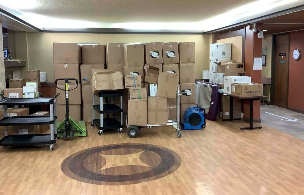SUPPLIED 
Front/living room area at The Convalescent Home of Winnipeg has become storage for PPE.