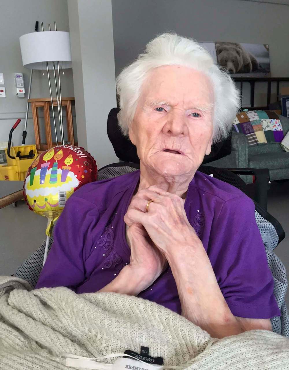 Wilhelmina Klimpke on her 106th birthday. Klimpke, now 108, is possibly the oldest of 21 centenarians from Manitoba to recover from COVID-19, while 16 others succumbed to the virus and five are still ill, a provincial spokesperson confirmed. (SUPPLIED)