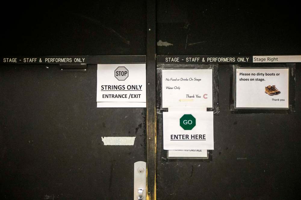 Signs direct traffic backstage. (Mikaela MacKenzie / Winnipeg Free Press)