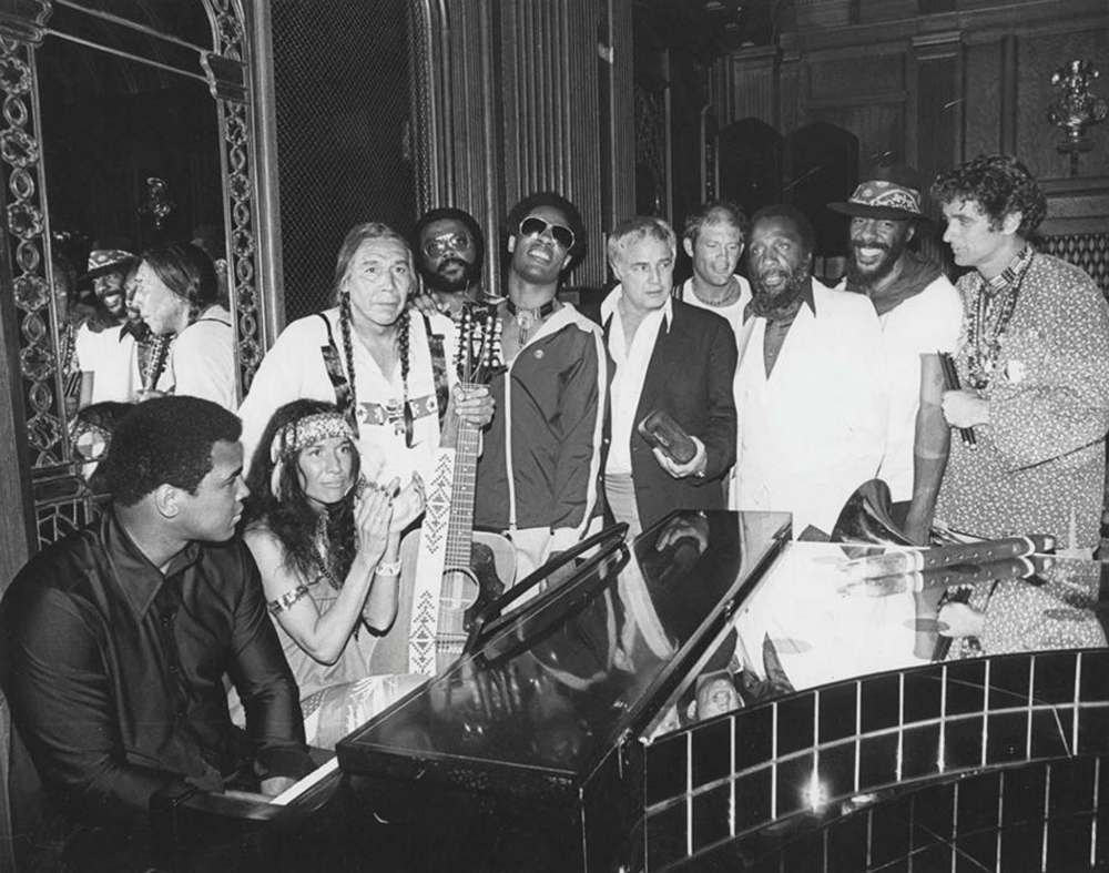 The Longest Walk, 1978. Muhammad Ali (from left), Buffy Sainte-Marie, Floyd Red Crow Westerman, Harold Smith, Stevie Wonder, Marlon Brando, Max Gail, Dick Gregory, Richie Havens and David Amram at the concert at the end of the Longest Walk, a 3,600-mile protest march from San Francisco to Washington, D.C., in the name of the Native rights. (David Amram photo)