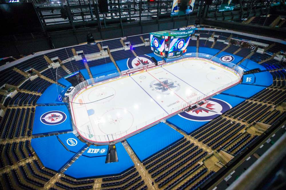 The view from Plested’s perch before puck drop. She has been learning on the fly how to conjure up crowd noise. (Mikaela MacKenzie / Winnipeg Free Press)