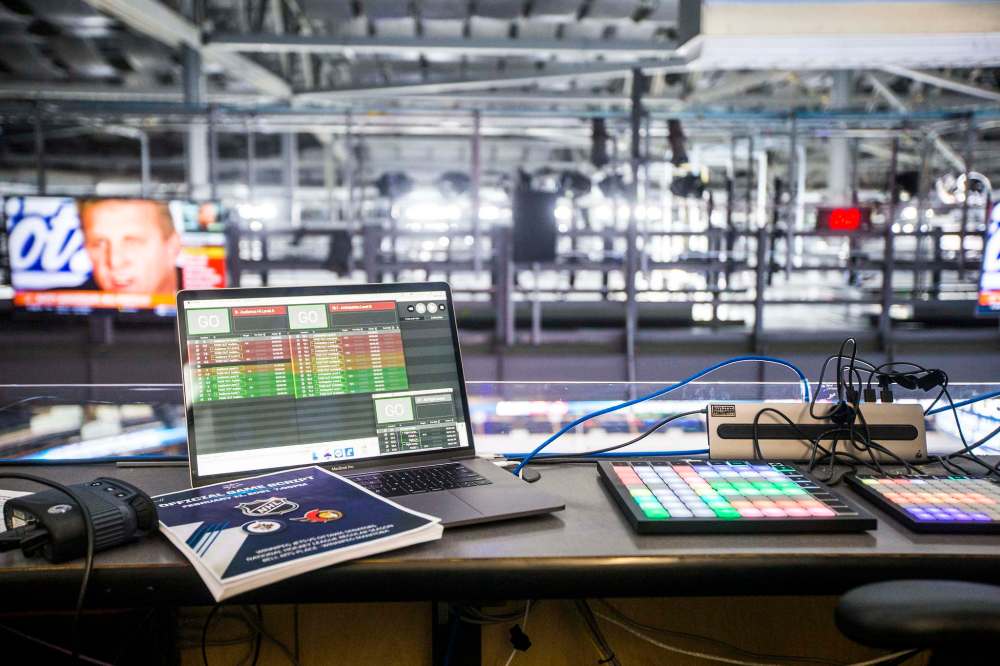 Plested has memorized and mastered a 58-button keyboard to provide in-game ‘crowd’ noise. (Mikaela MacKenzie / Winnipeg Free Press)