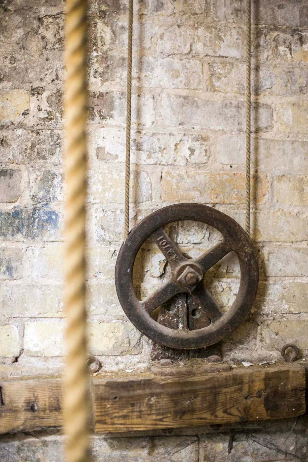 The original pulley freight elevator lifts equipment and cases to the stage or dressing rooms. (Mikaela MacKenzie / Winnipeg Free Press)