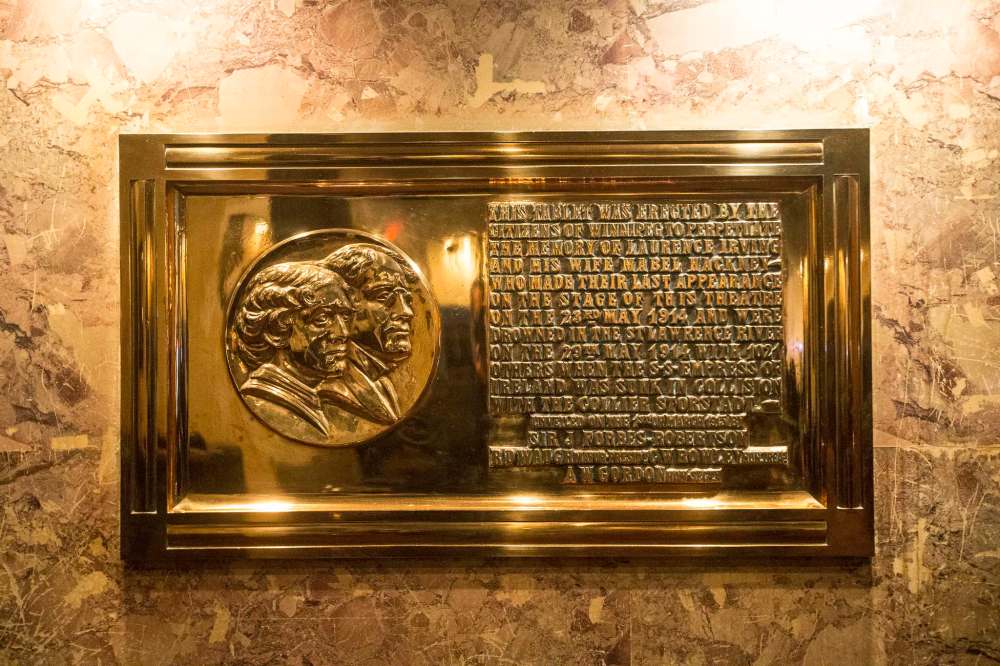 Left: a plaque dedicated to the theatre’s resident ghost, Mabel. (Mikaela MacKenzie / Winnipeg Free Press)