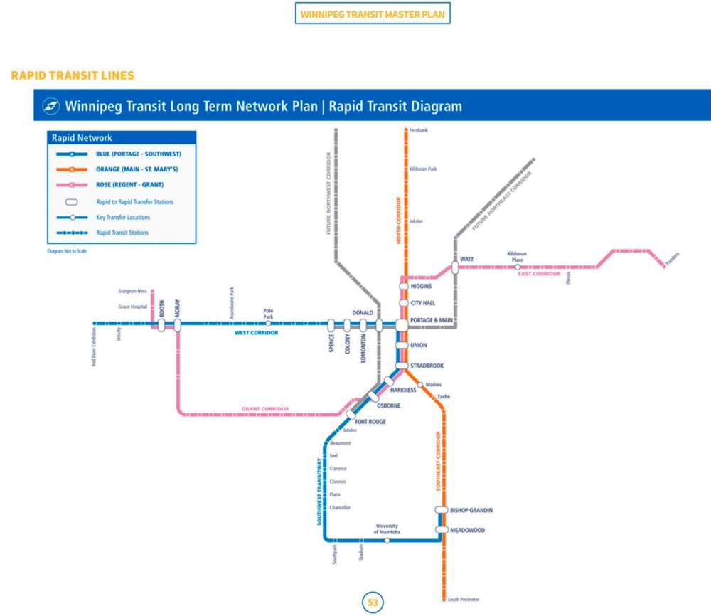 CITY OF WINNIPEG
Winnipeg Transit Master Plan showing proposed rapid transit lines.